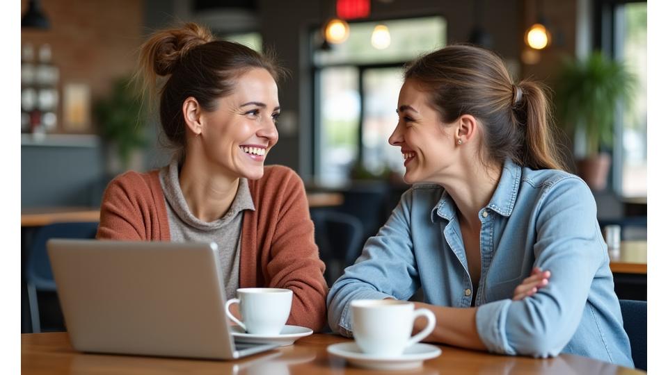 Two women in their 40s/50s, smiling and sharing a joke during a coffee break, symbolizing accountability partners