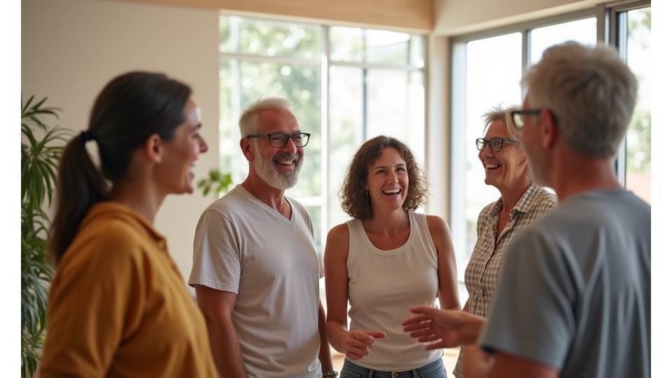 Diverse group of adults 35+ interacting happily with each other in a bright, modern wellness community space