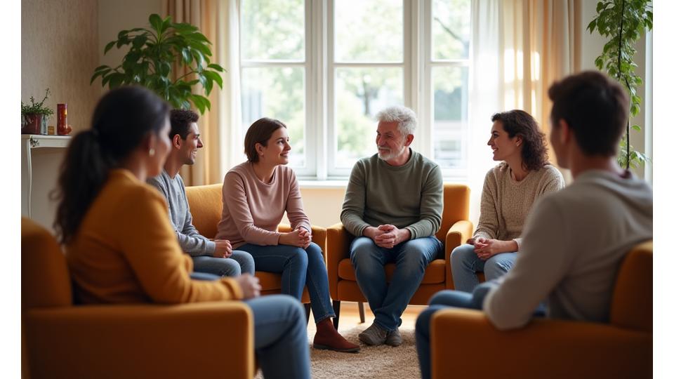 Small group of adults 35+ sitting in a circle, engaged in a supportive discussion in a well-lit room