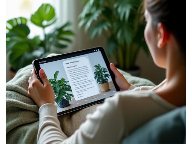 A person comfortably viewing educational health content on a tablet, surrounded by lush green house plants, symbolizing easy access to knowledge and a relaxed learning environment.