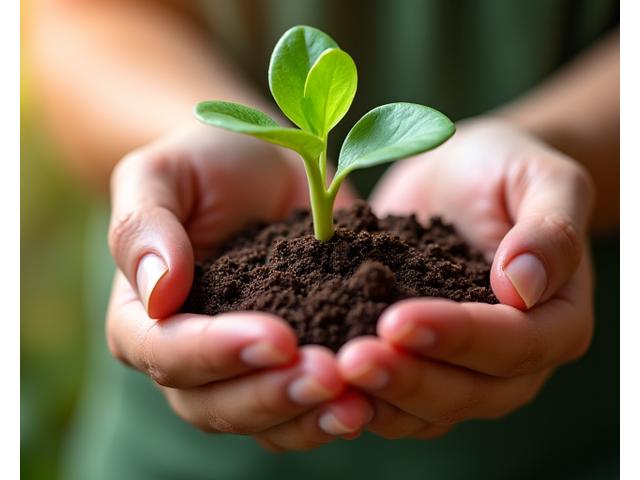 Close-up of hands gently holding a small, vibrant green plant sprout, symbolizing growth, care, and the interconnectedness of holistic wellness.