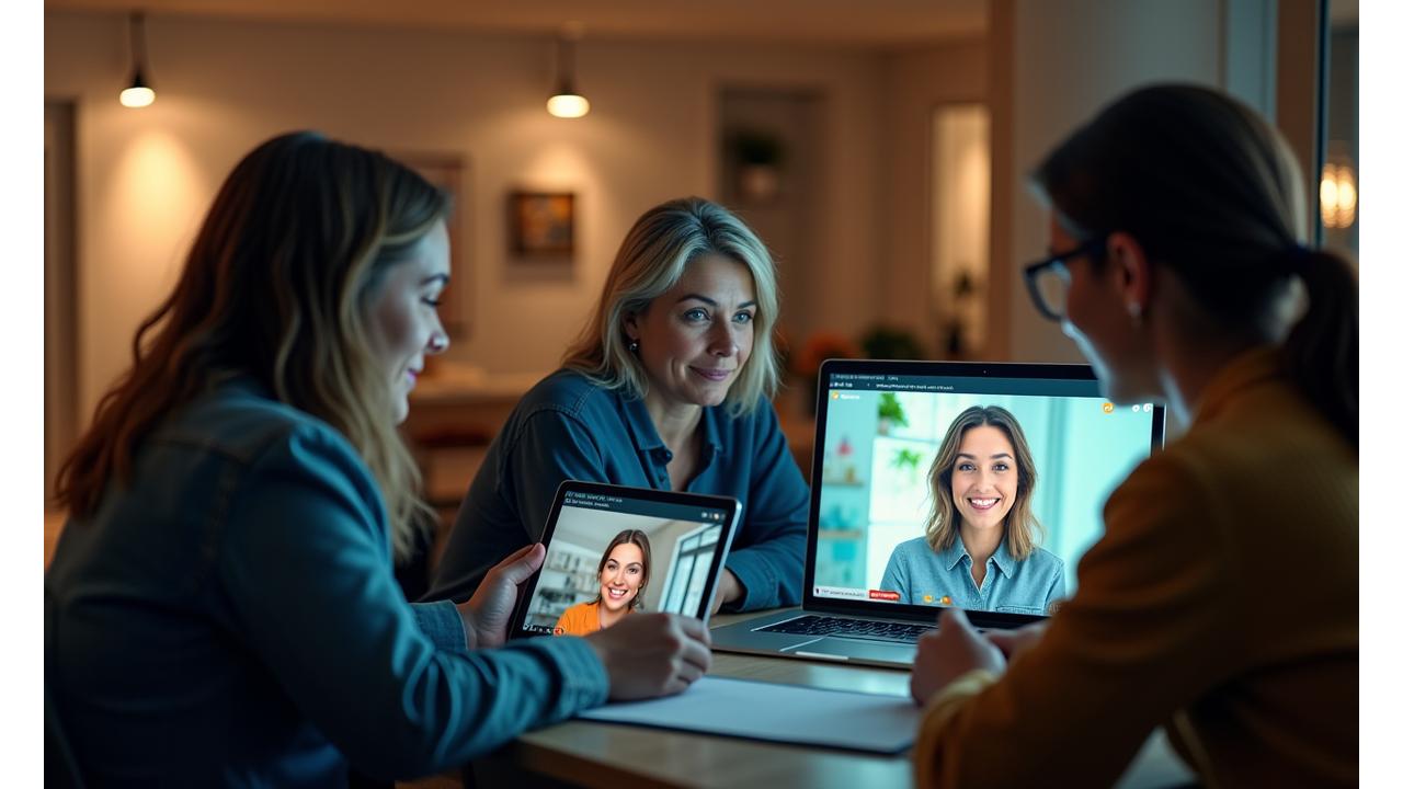 A diverse group of adults aged 40-60 engaged in a lively online health webinar, visible on their laptop and tablet screens, showcasing interactive learning and community participation.