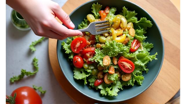 Fresh, colorful salad and a mindful hand, symbolizing mindful eating