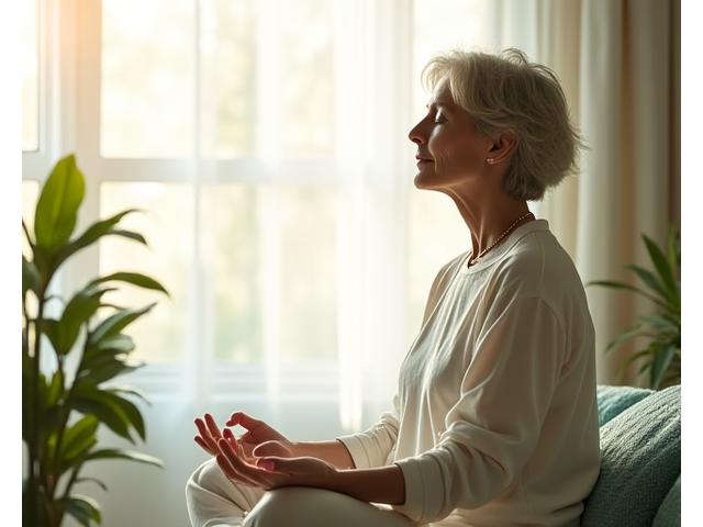 A tranquil image of a woman in her 40s meditating by a window, representing holistic women's health and well-being.