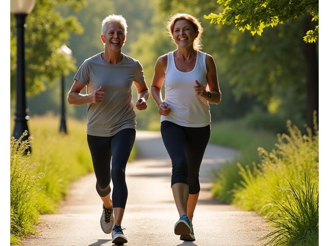 Couple in their 40s jogging gently on a scenic walking trail in Austin, enjoying nature