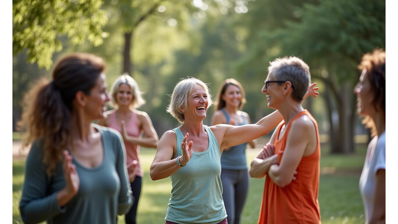 Diverse group of adults over 35 laughing during an outdoor yoga class in a park in Austin
