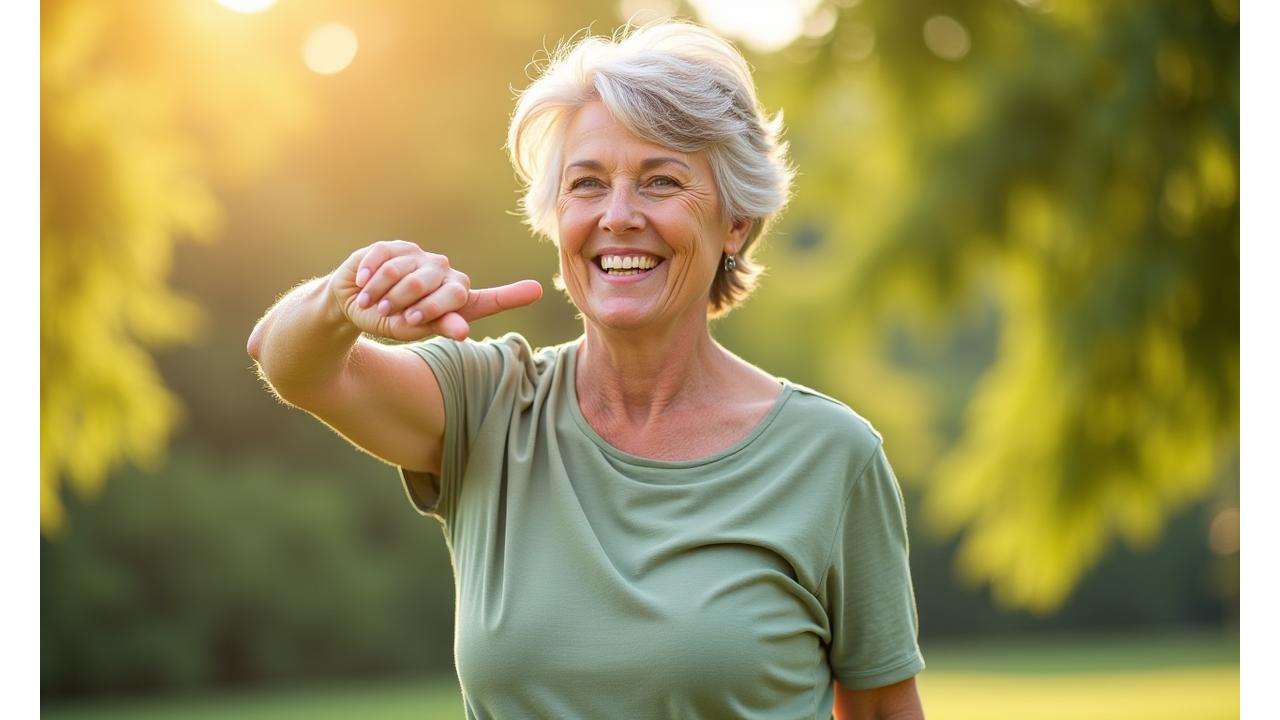 Woman over 35 smiling while stretching, embodying vitality and gentle strength