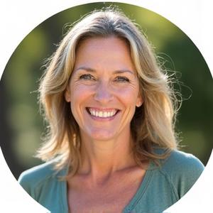 Sarah M., 48, vibrant and active, smiling after a workout