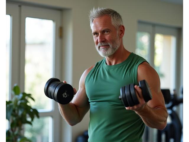 Man over 40 performing bicep curls with dumbbells, demonstrating controlled strength
