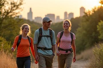 Group enjoying an outdoor hike with scenic Austin background