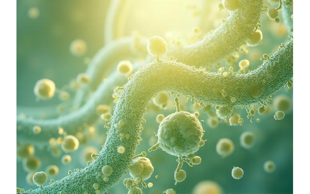 Abstract illustration of gut microbiome, vibrant and balanced, with beneficial bacteria shapes within an intestinal tract representing health and immunity.