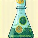 Illustration of a scientific beaker with abstract gut bacteria and a magnifying glass, symbolizing microbiome analysis.