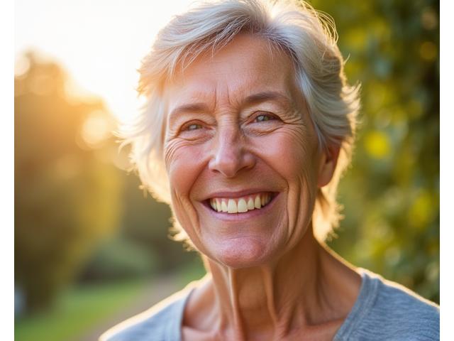 Close-up on the vibrant, smiling face of an energetic woman in her late 50s, outdoors and active, conveying vitality and health.