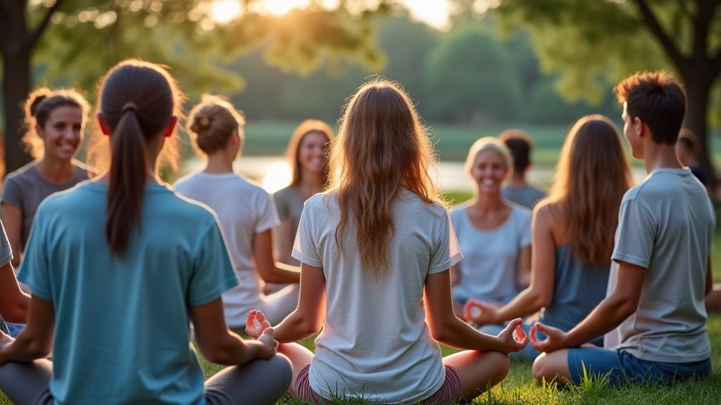A diverse group of Austin adults meditating together outdoors in a park, showing connection and tranquility.