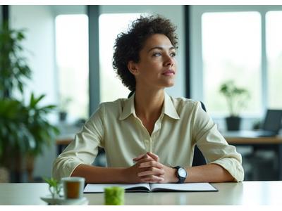 Calm office worker taking a mindful break, representing stress relief at work.