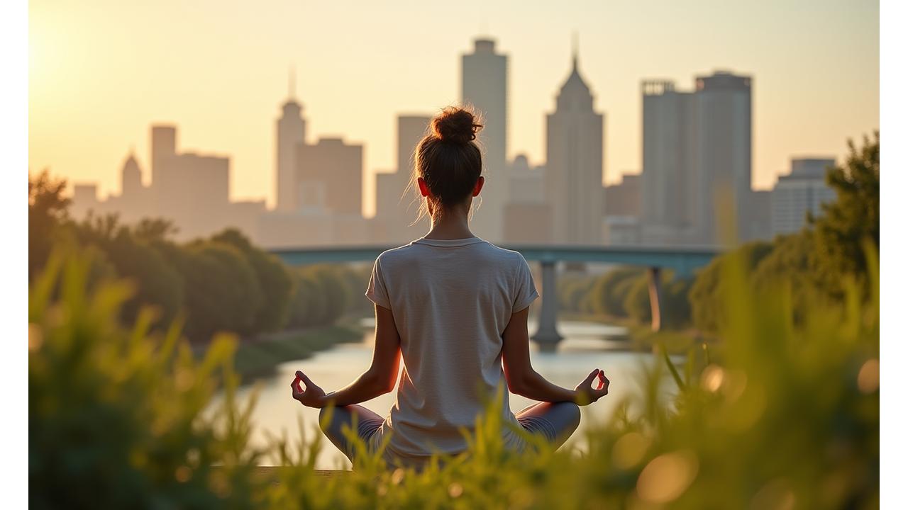 A serene individual practicing mindfulness with Austin city skyline in the soft background, conveying peace amidst urban life.