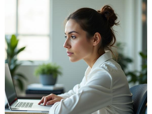 A focused professional in a modern office, subtly incorporating mindfulness cues, symbolizing productivity.