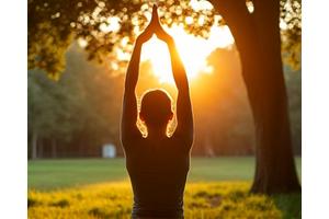 A person doing yoga or stretching outdoors in a serene Austin park, illustrating flexible fitness options.