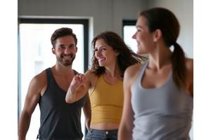 A diverse group of adults aged 35+ engaged in a functional fitness class, smiling and supporting each other, emphasizing adaptable training.