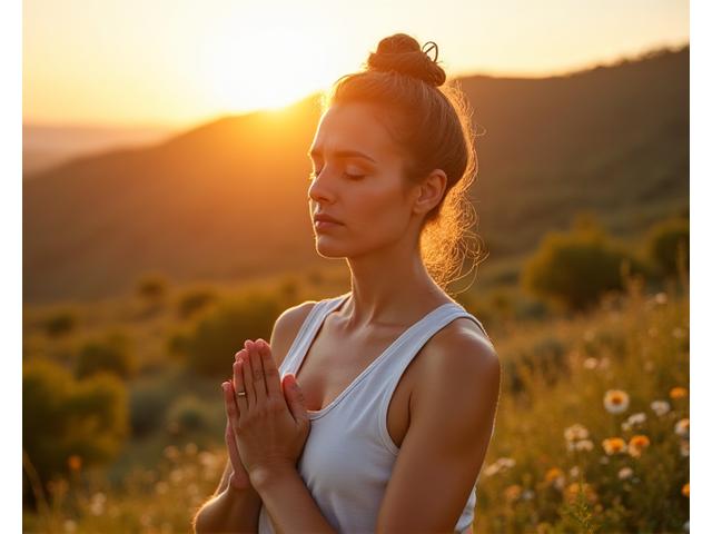 A calm person meditating outdoors in a peaceful, natural Austin setting during golden hour, emphasizing integrated stress management and mental well-being.
