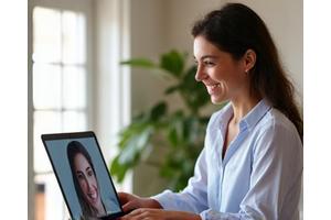 A friendly wellness coach having a virtual check-in call with a client on a laptop, symbolizing weekly check-ins and progress assessments.