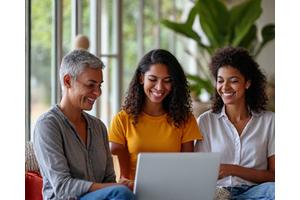 A diverse group of Austin residents engaging in a supportive online forum, representing community interaction and accountability.