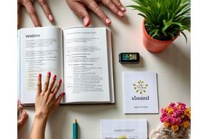 Hands reaching for various educational resources and tools like a healthy cookbook, a fitness tracker, and mindfulness cards, symbolizing 24/7 access to wellness resources.