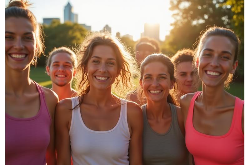 A diverse group of smiling adults aged 35-55 from Austin, looking vibrant and healthy together in a park, symbolizing shared success and community transformed by personalized wellness.
