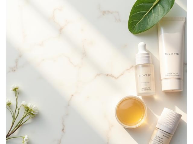 Elegant clean beauty products and natural ingredients like leaves and stones, arranged aesthetically on a serene, light background, promoting natural and ethical beauty.
