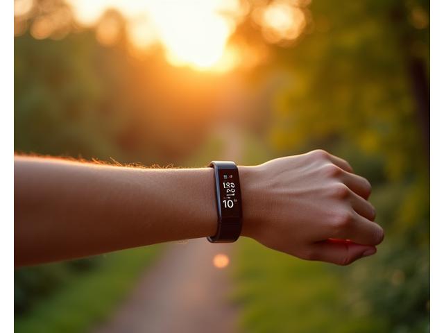 A modern fitness tracker on a wrist, displaying health metrics, with a background of serene nature, symbolizing technology meeting well-being.