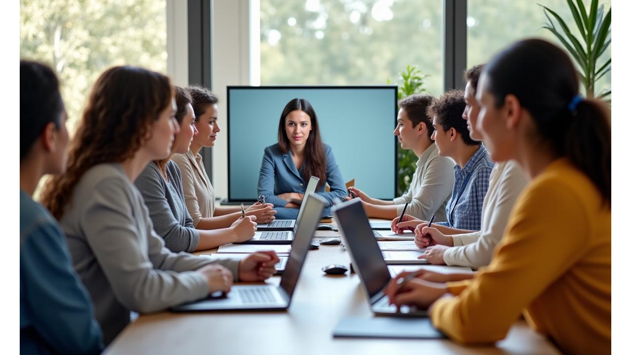 A diverse group of adults participating in an online wellness webinar, actively engaging with a speaker, showcasing learning and community.