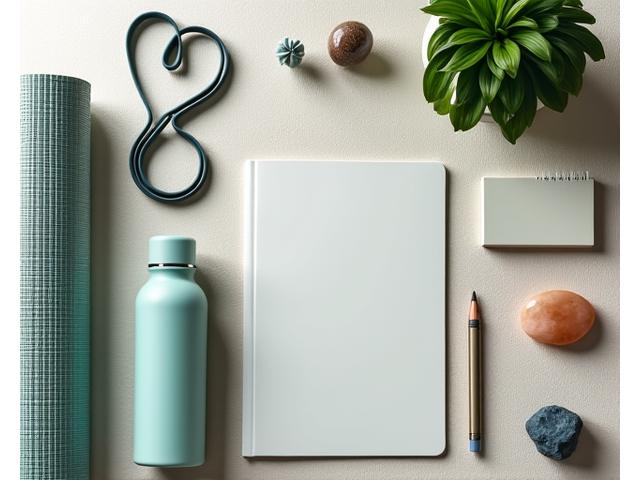 Various wellness essential tools such as a yoga mat, a water bottle, resistance bands, and a journal, neatly arranged to inspire a healthy lifestyle.