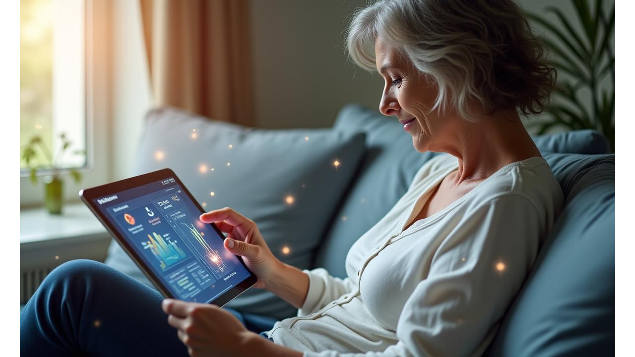 A person interacting with a holistic health dashboard on a tablet, with data points visually represented around them, showing insights being generated from collected information.