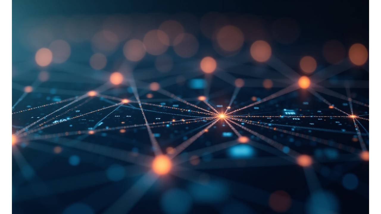 Several glowing nodes in a network, with secure, encrypted lines connecting them, symbolizing transparent and secure data sharing between trusted entities.