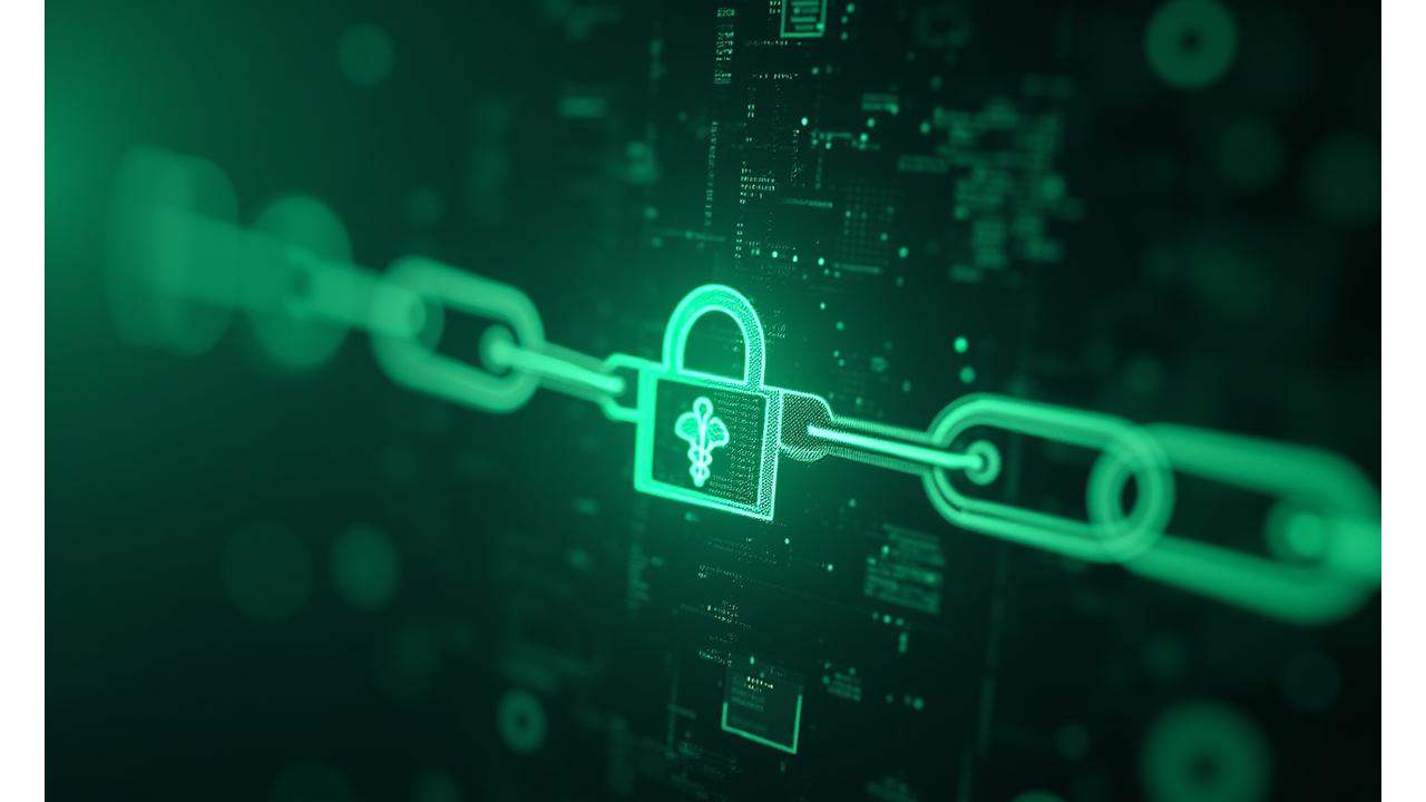 Detailed abstract representation of HIPAA compliance, showing interconnected digital security chains wrapping around medical symbols, bathed in a secure green light.