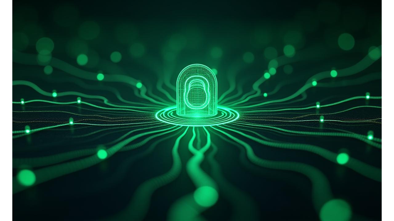 Stylized abstract network of glowing green lines and nodes, forming a protective barrier around a central vault icon, depicting advanced digital security.