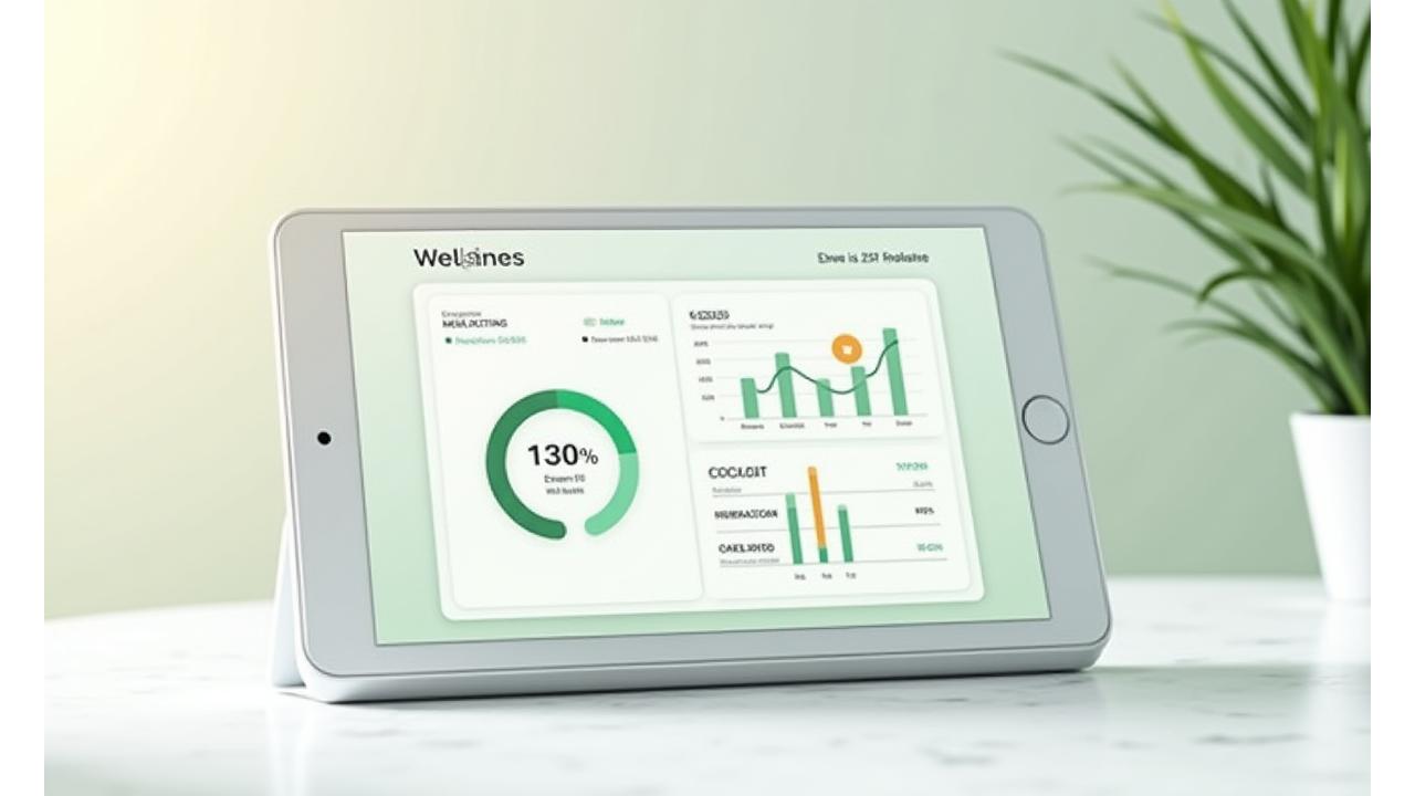 Virelian Bloom wellness tracking dashboard showing various health metrics, progress charts, and goal visualization on a tablet interface.