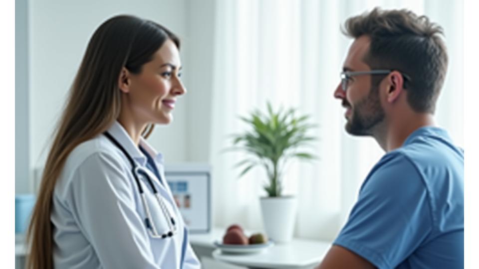 Image of a doctor and patient in consultation, with a subtle overlay of a warning symbol, emphasizing medical advice needed