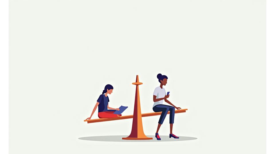 Illustration of balanced scales with a person learning, symbolizing rights and responsibilities